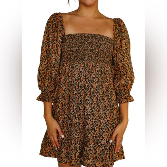 Faithfull the Brand Black Floral Puff Sleeve Smocked Mini Dress Size Large - Picture 3 of 7